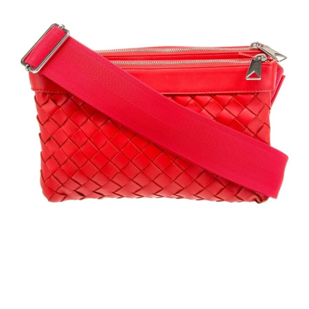 Bottega Veneta Intrecciato Leather Messenger Duo Bag- Red